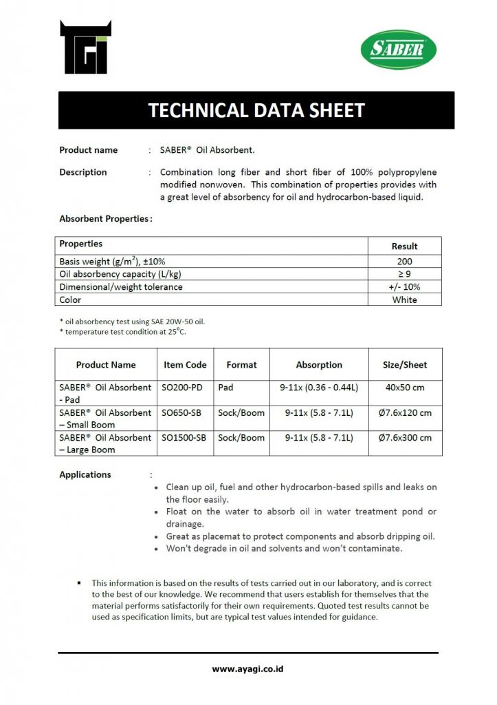 Technical Data Sheet_saber oil absorbent so200-pd so650sb small boom so1500sb large boom sc200-pd chemical_1